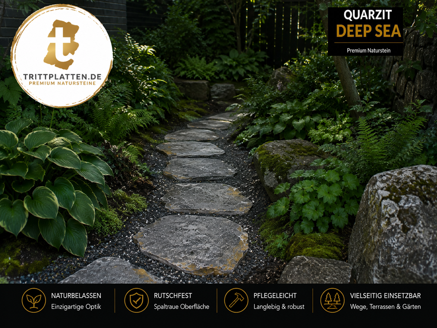 Quarzit Deep Sea Naturstein-Trittplatten als Gartenweg im Schattengarten zwischen Farnen, Hostas, Moos und Natursteinen