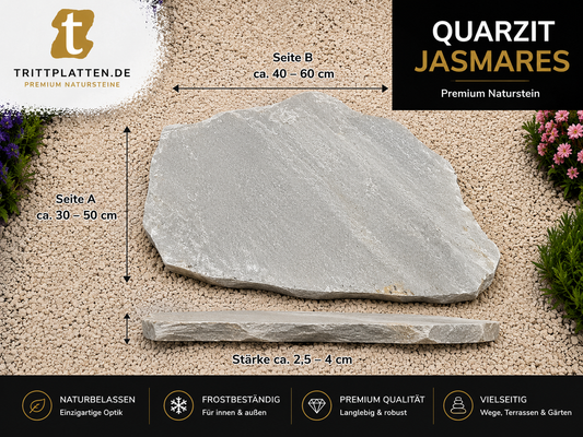 Maßübersicht der polygonalen Quarzit Jasmares Naturstein-Trittplatten mit den Abmessungen von ca. 30–50 cm (Seite A), 40–60 cm (Seite B) und einer Stärke von ca. 2,5–4 cm. Ideal für Gartenwege, Beete, Terrassen und Außenbereiche.