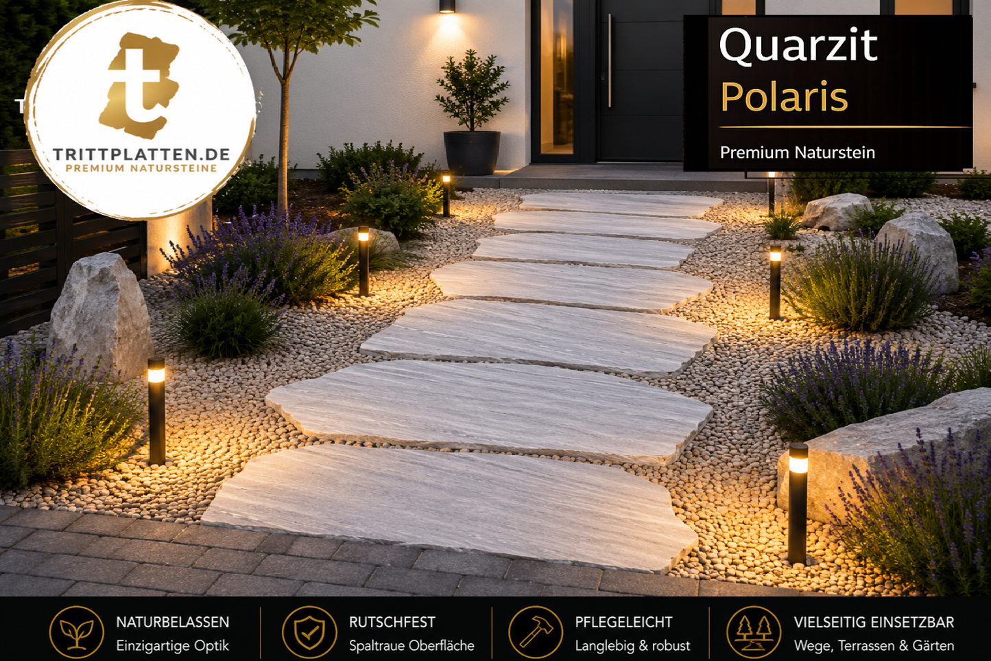 Quarzit Polaris Naturstein-Trittplatten als moderner Eingangsweg zum Haus mit Kies, Lavendel und Gartenbeleuchtung