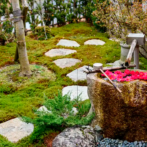 Locker verlegter Gartenpfad mit Trittplatten im Garten