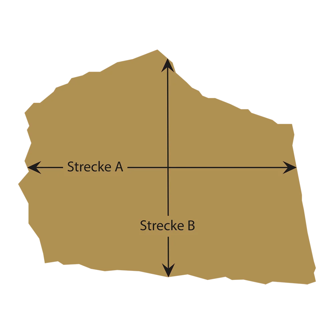 Zeichnung einer polygonalen Trittplatte zur Beurteilung der Form und Bemaßung der Strecken A und B