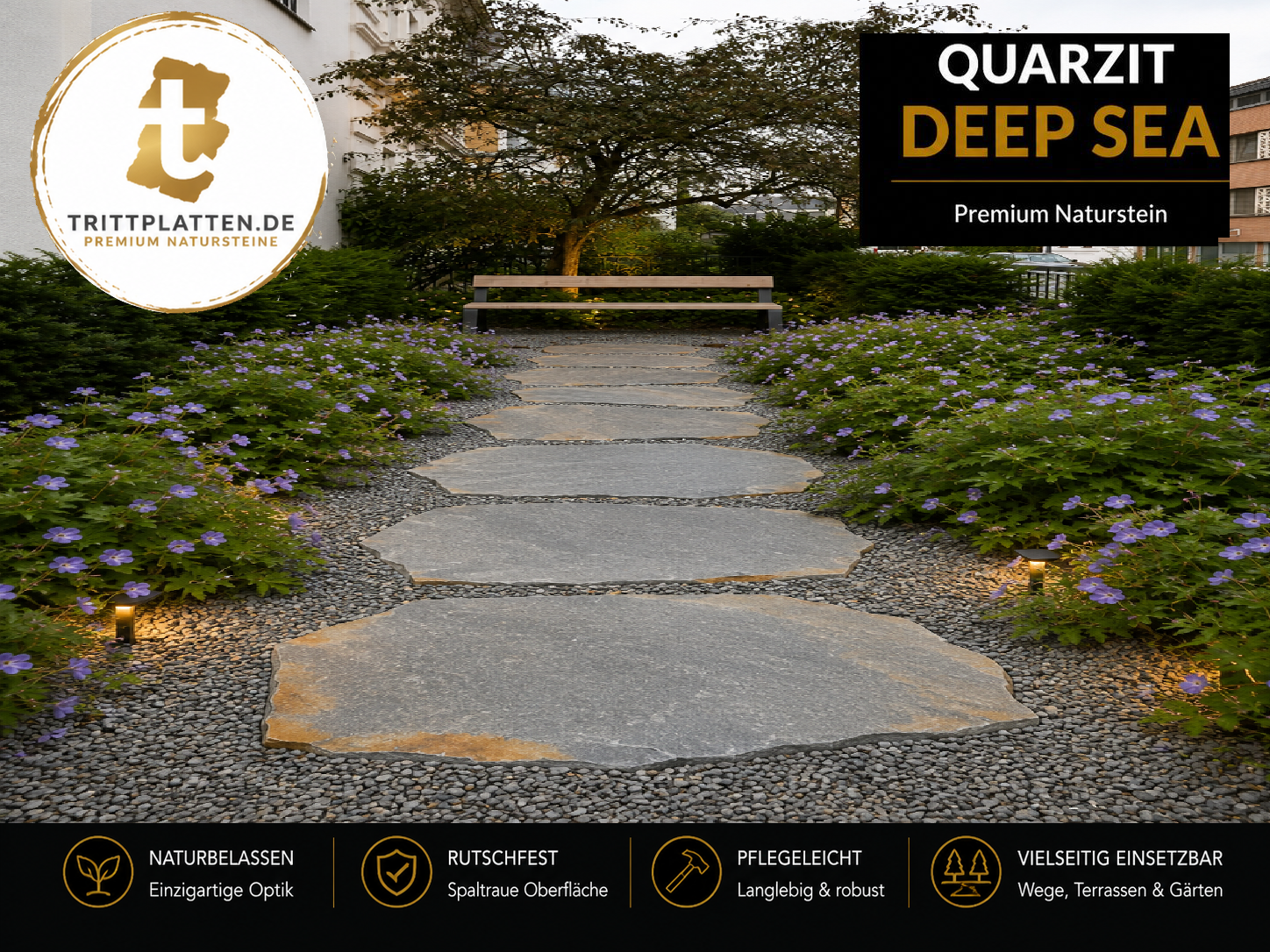 Quarzit Deep Sea Trittplatten 5er Set | Polygonale Naturstein-Trittsteine