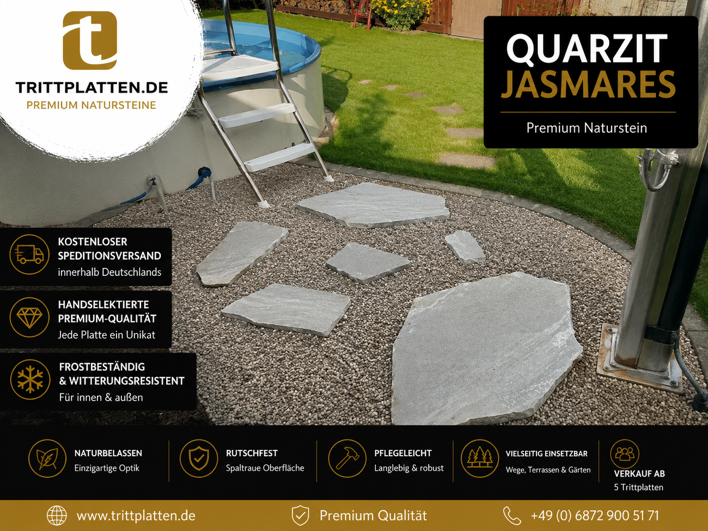 Quarzit Jasmares Trittplatten 5er Set | Polygonale Naturstein-Trittsteine Weg