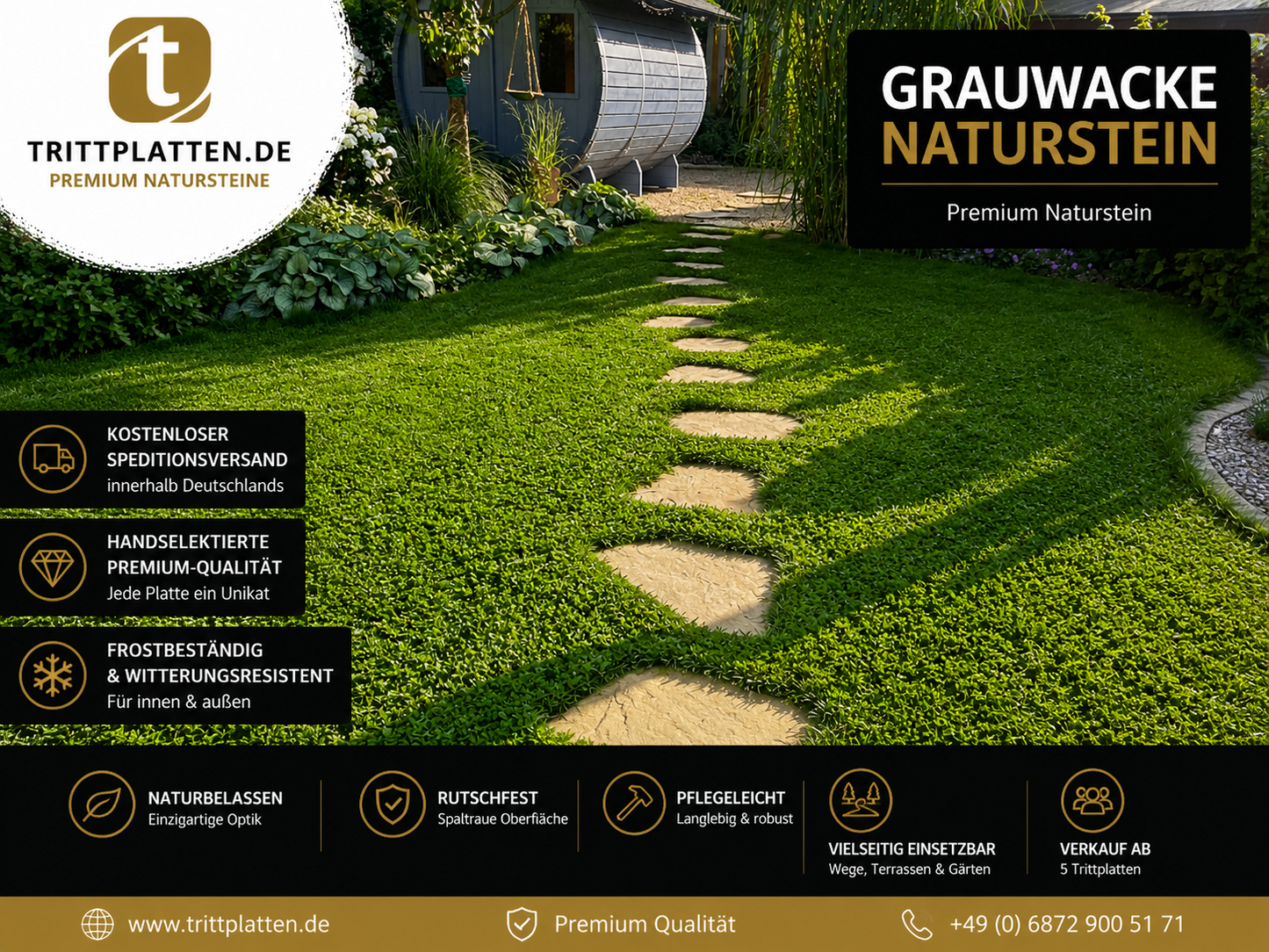 Grauwacke Trittplatten 5er Set | Polygonale Naturstein-Trittsteine