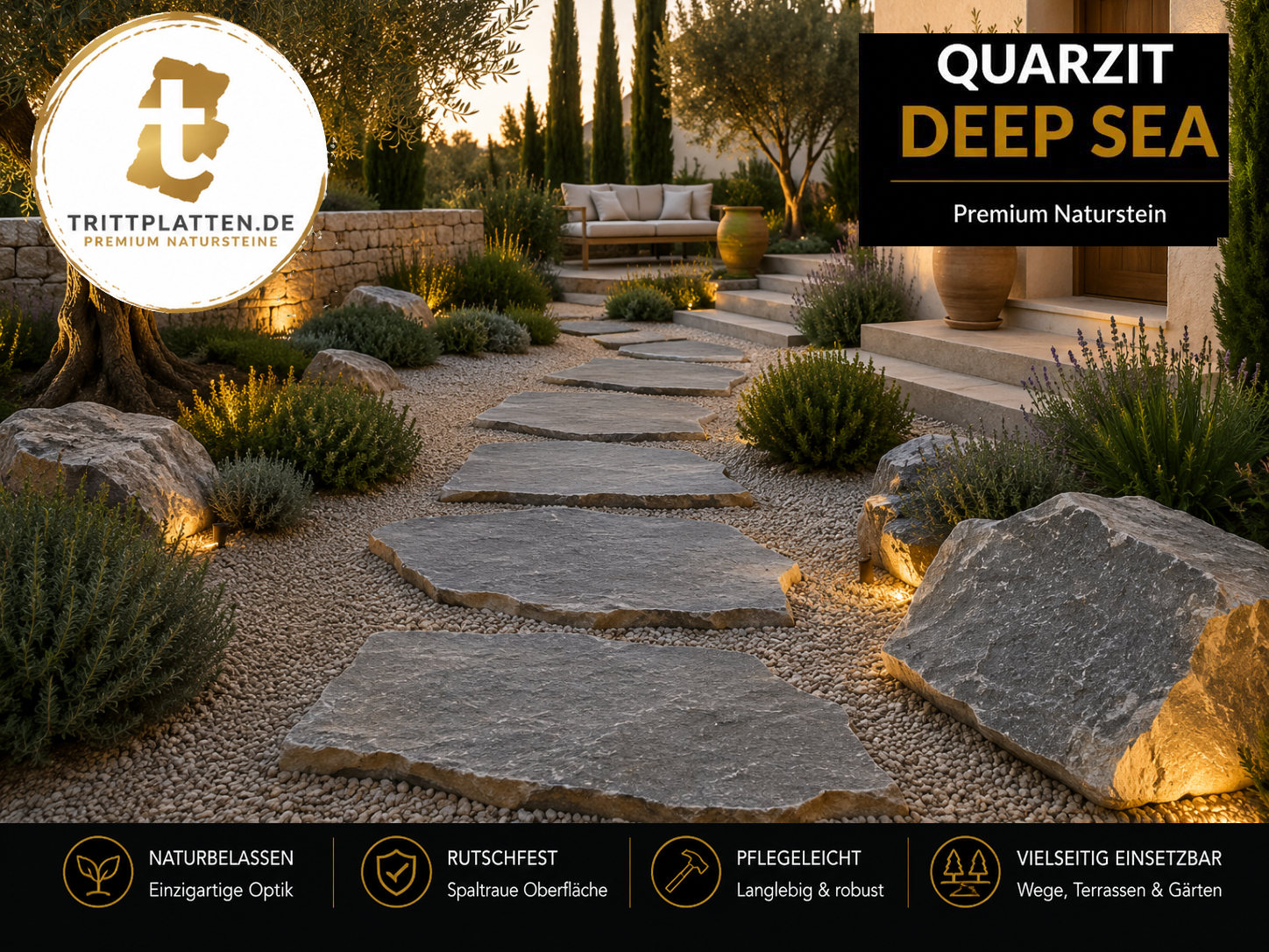 Quarzit Deep Sea Trittplatten 5er Set | Polygonale Naturstein-Trittsteine