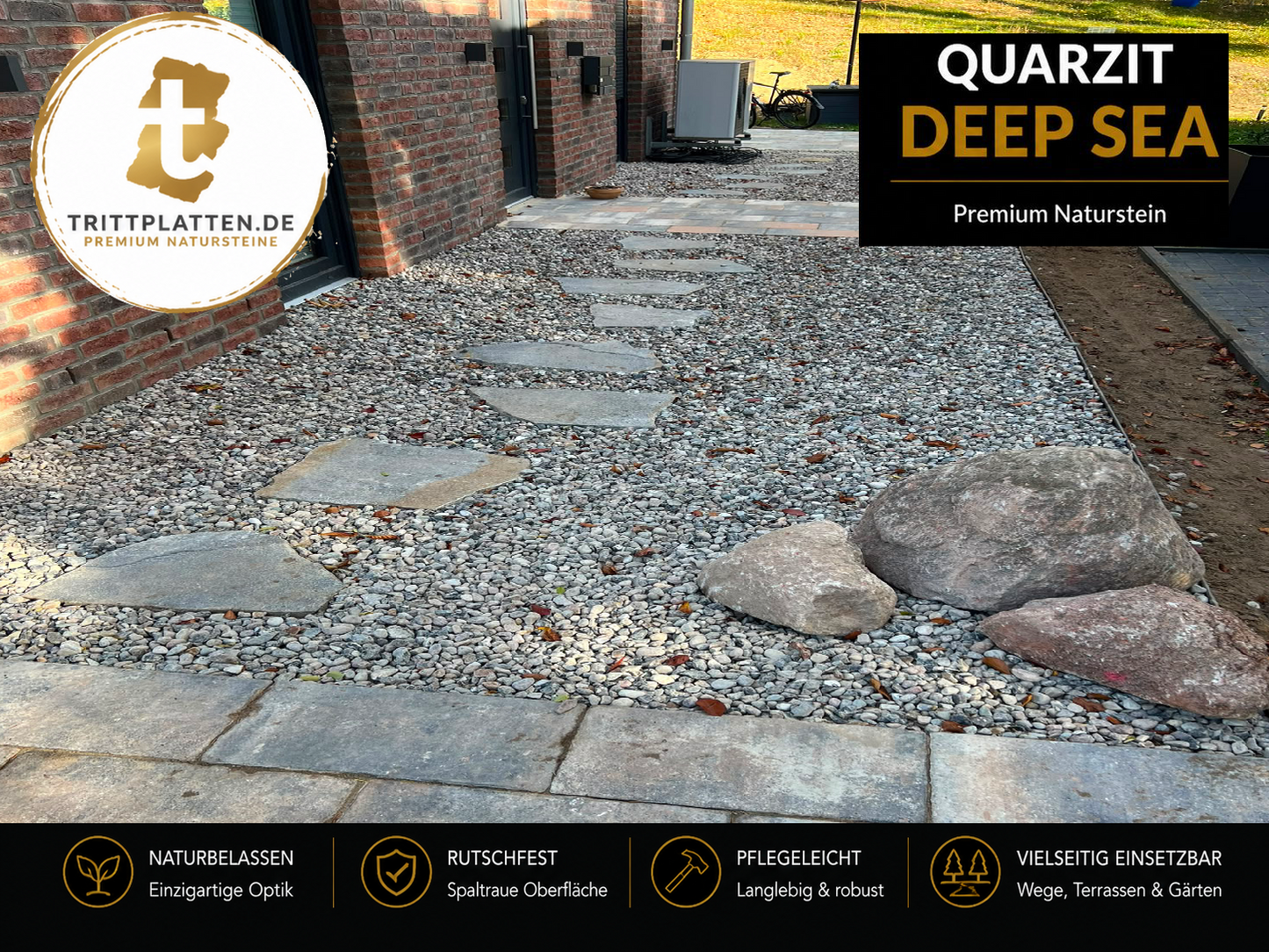 Quarzit Deep Sea Trittplatten 5er Set | Polygonale Naturstein-Trittsteine