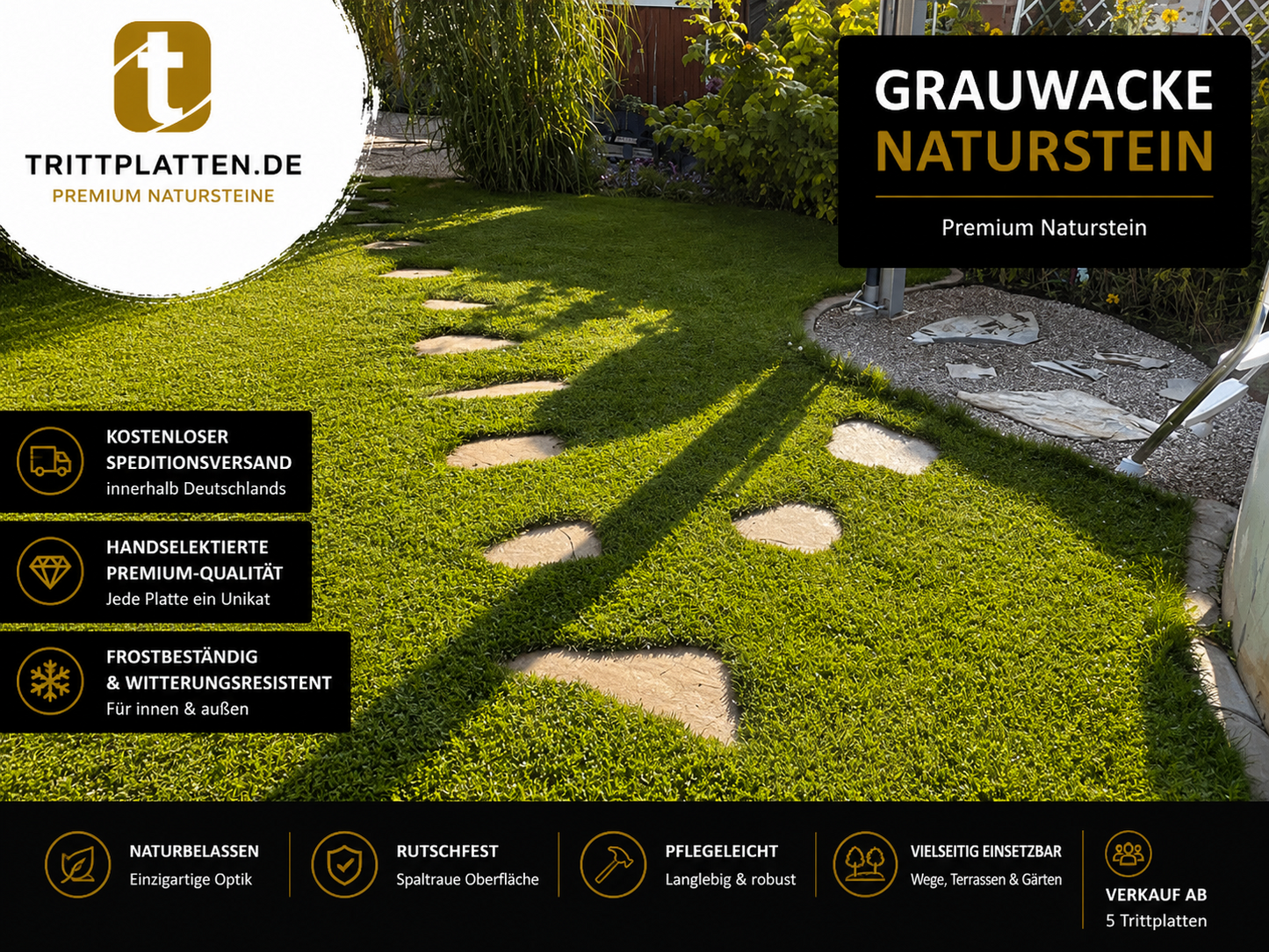 Grauwacke Trittplatten 5er Set | Polygonale Naturstein-Trittsteine