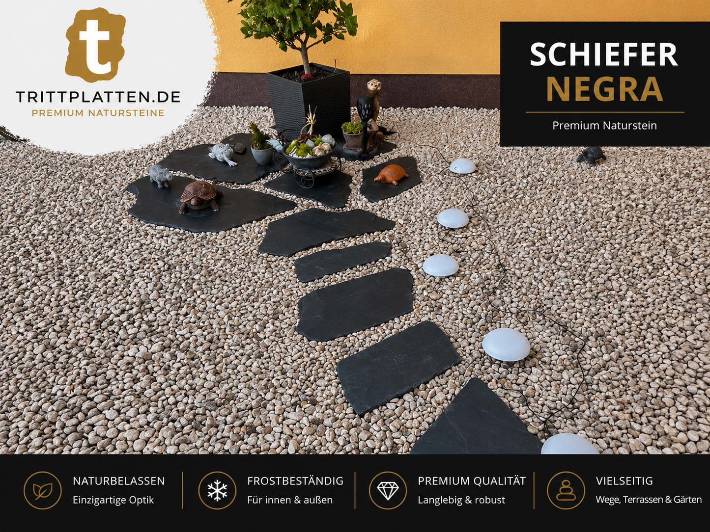 Negra Schiefer Trittplatten 5er Set | Polygonale Naturstein-Trittsteine