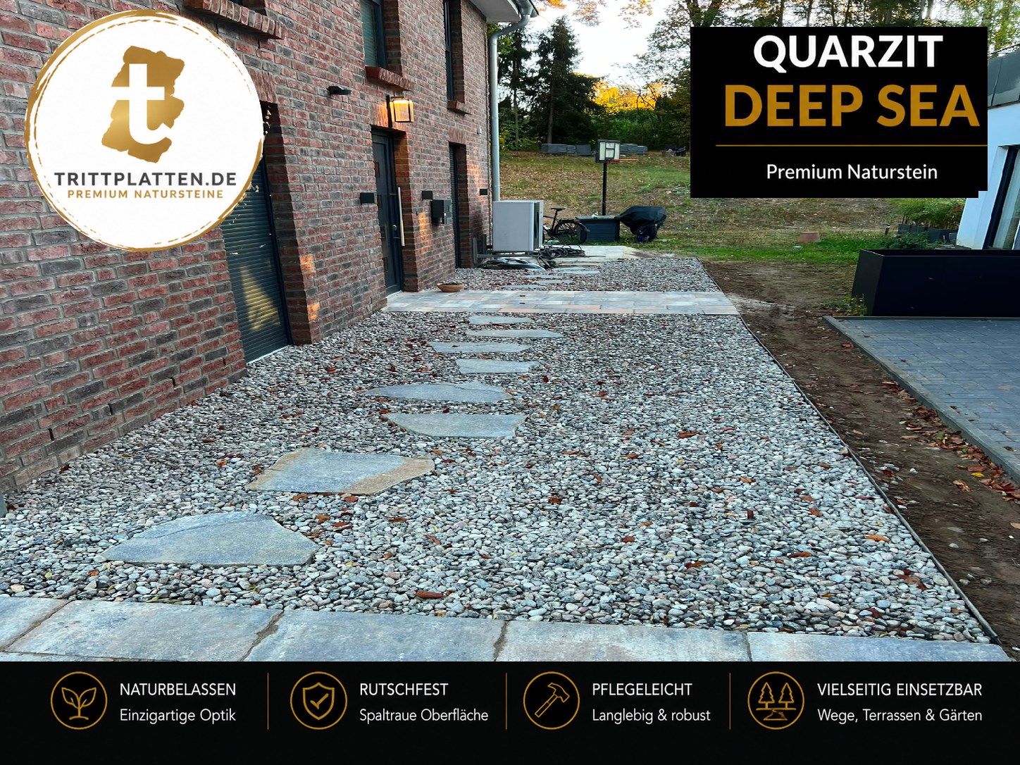 Quarzit Deep Sea Trittplatten 5er Set | Polygonale Naturstein-Trittsteine
