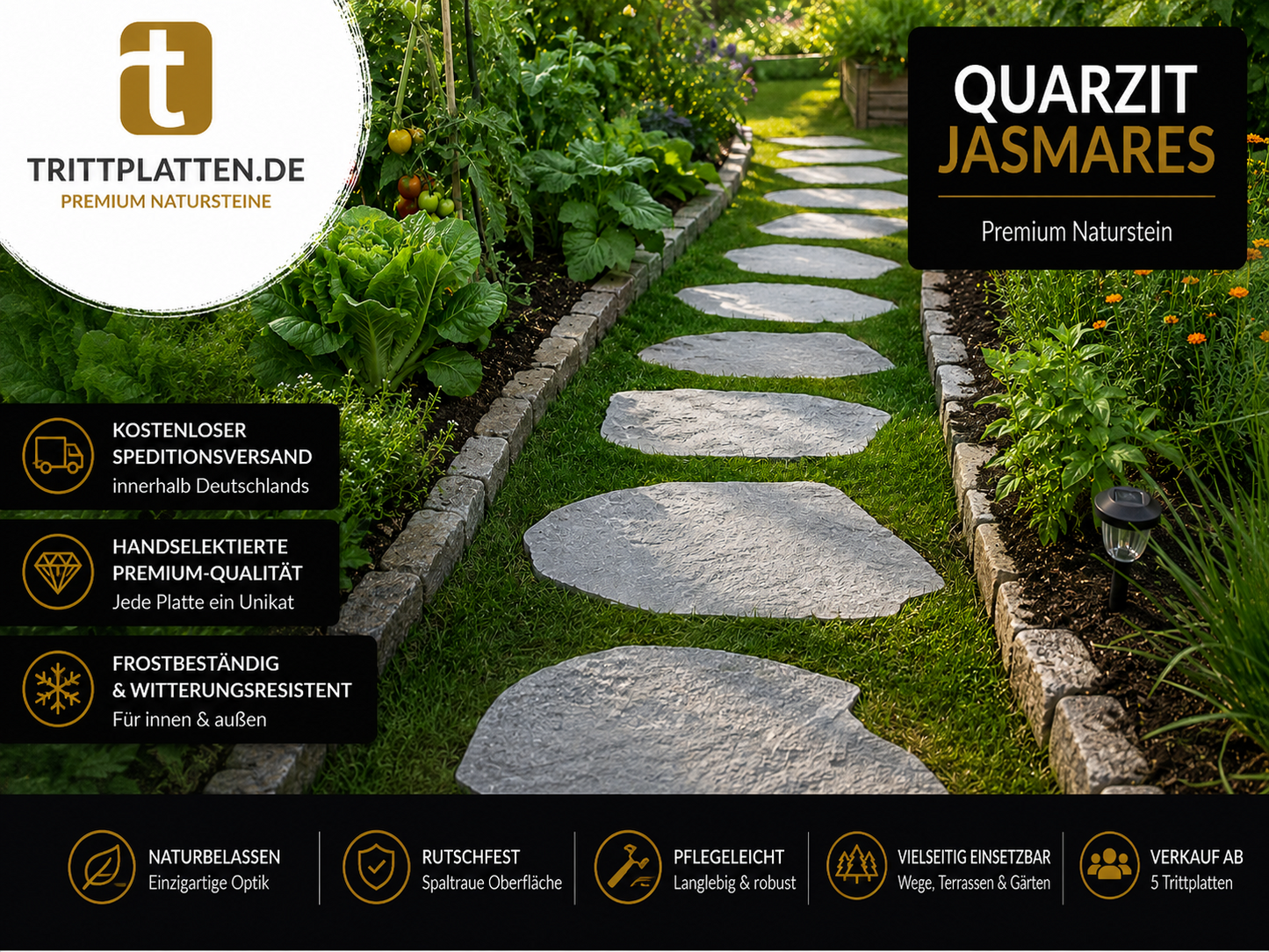 Quarzit Jasmares Trittplatten 5er Set | Polygonale Naturstein-Trittsteine Weg