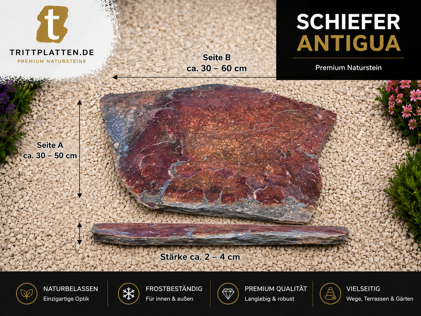Antigua Schiefer Trittplatten 5er Set | Polygonale Naturstein-Trittsteine Weg
