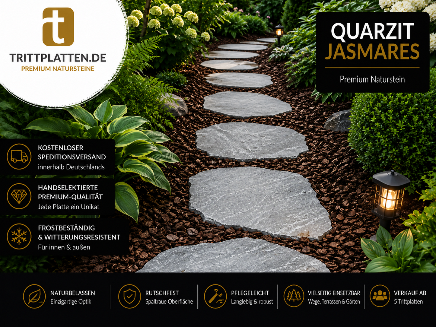Quarzit Jasmares Trittplatten 5er Set | Polygonale Naturstein-Trittsteine Weg