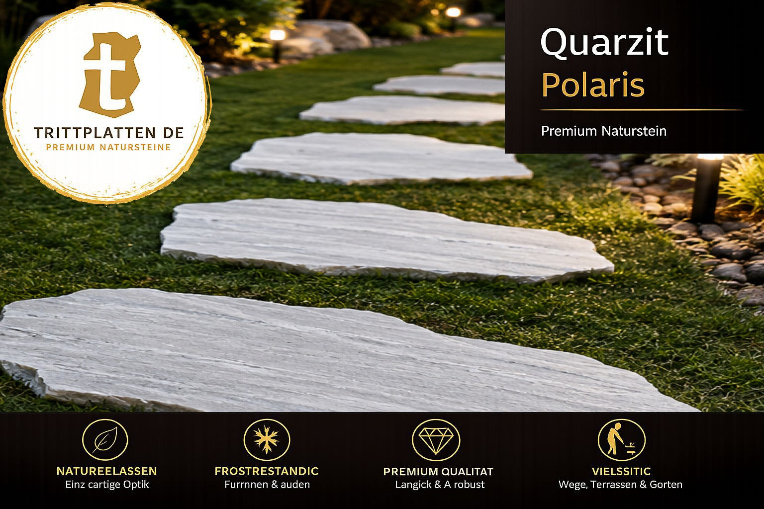 Quarzit Polaris Trittplatten 5er Set | Polygonale Naturstein-Trittsteine Garten