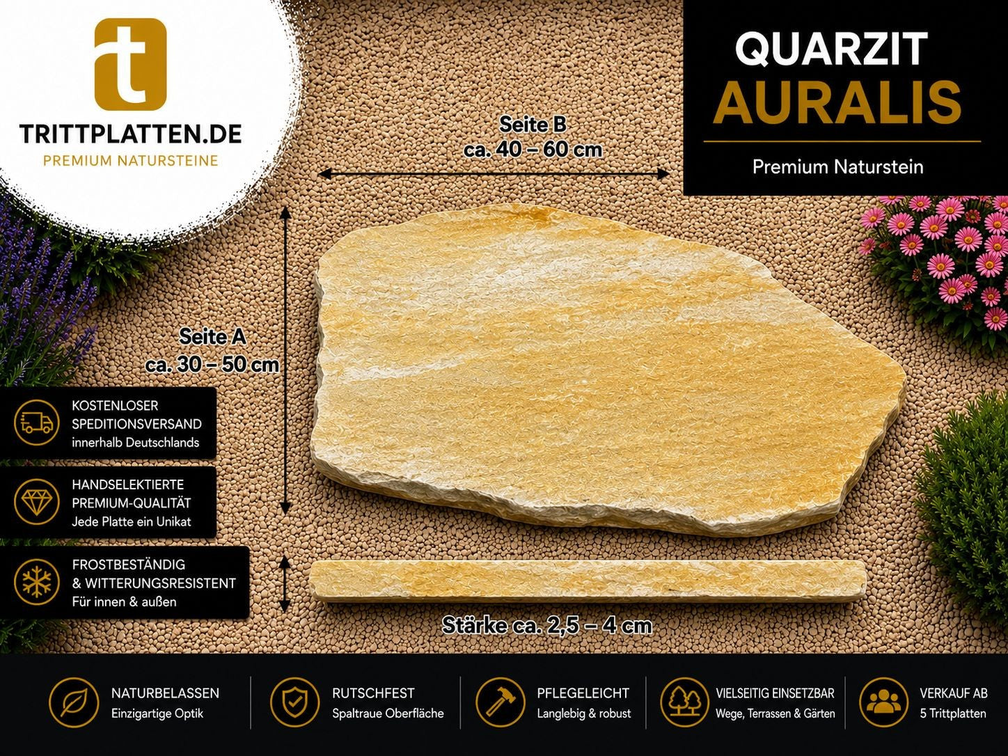 Quarzit Auralis Trittplatten 5er Set | Polygonale Naturstein-Trittsteine