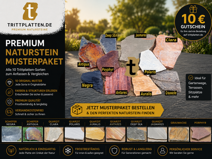 Premium Naturstein Musterpaket | 10 Trittplatten Muster | 10€ Gutschein | Garten