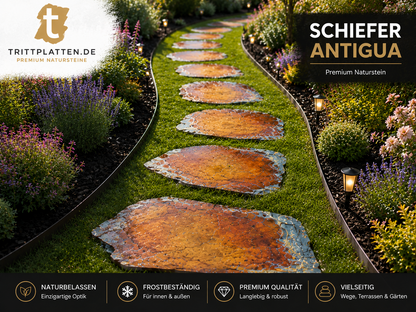Antigua Schiefer Trittplatten 5er Set | Polygonale Naturstein-Trittsteine Weg