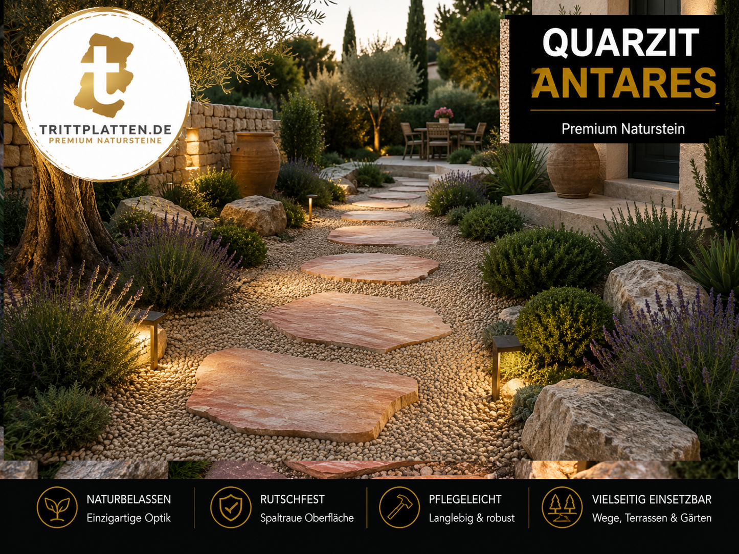 Quarzit Antares Trittplatten 5er Set | Polygonale Naturstein-Trittsteine