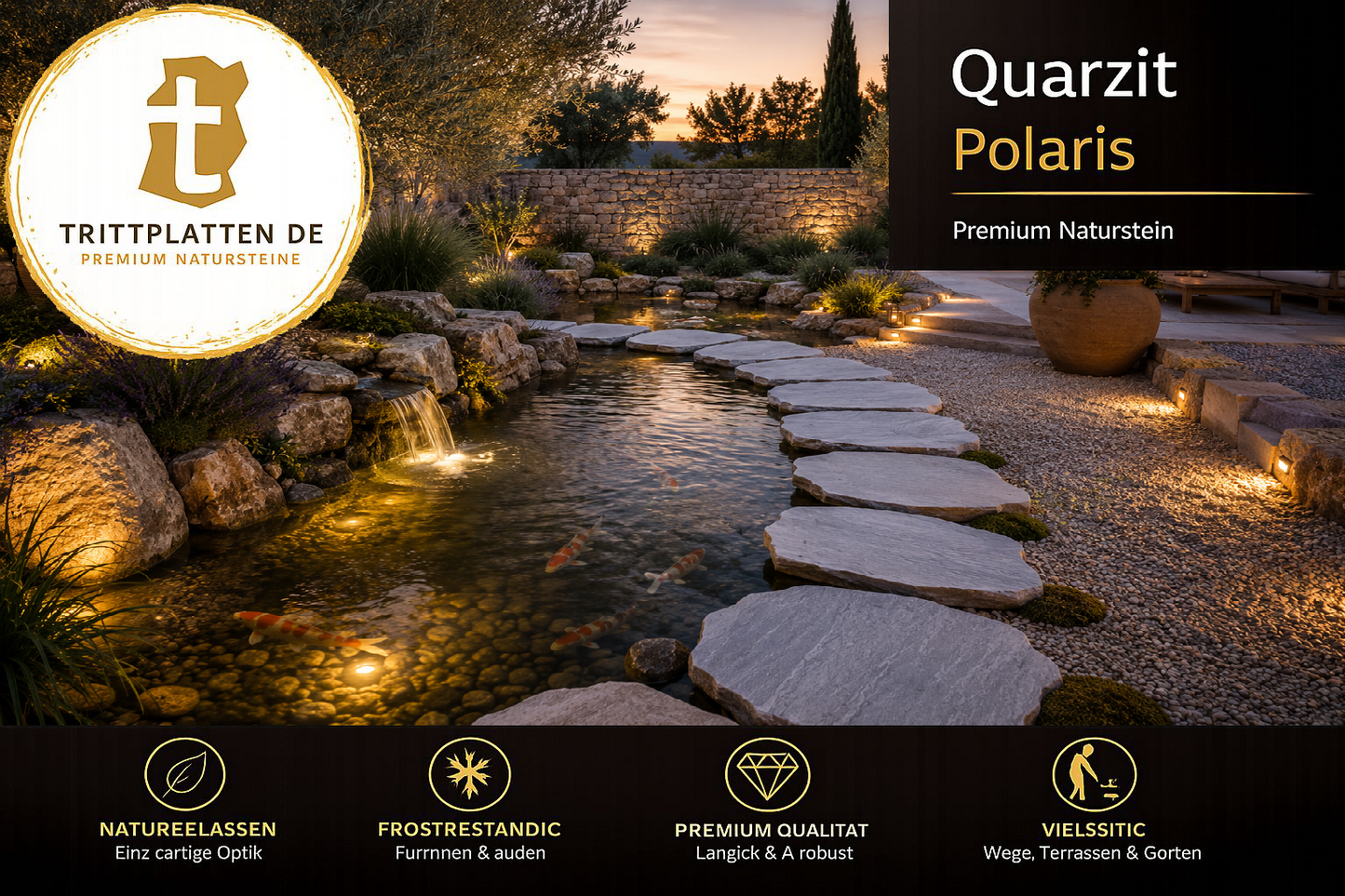Quarzit Polaris Trittplatten 5er Set | Polygonale Naturstein-Trittsteine Garten