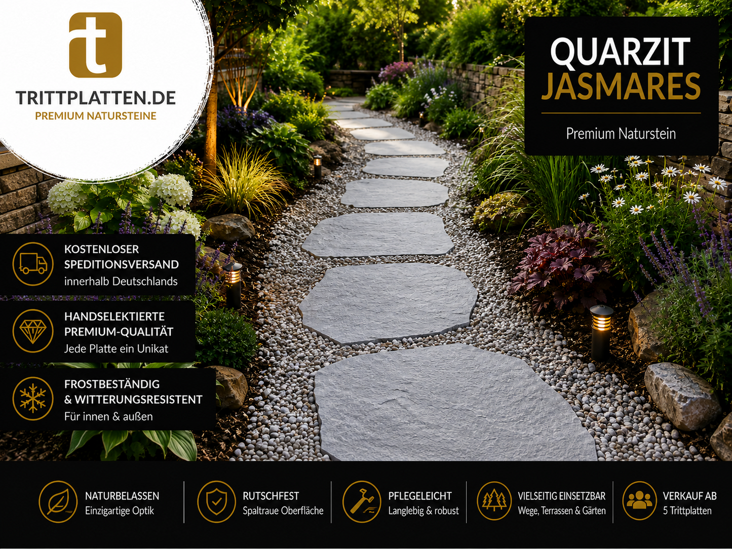 Quarzit Jasmares Trittplatten 5er Set | Polygonale Naturstein-Trittsteine Weg