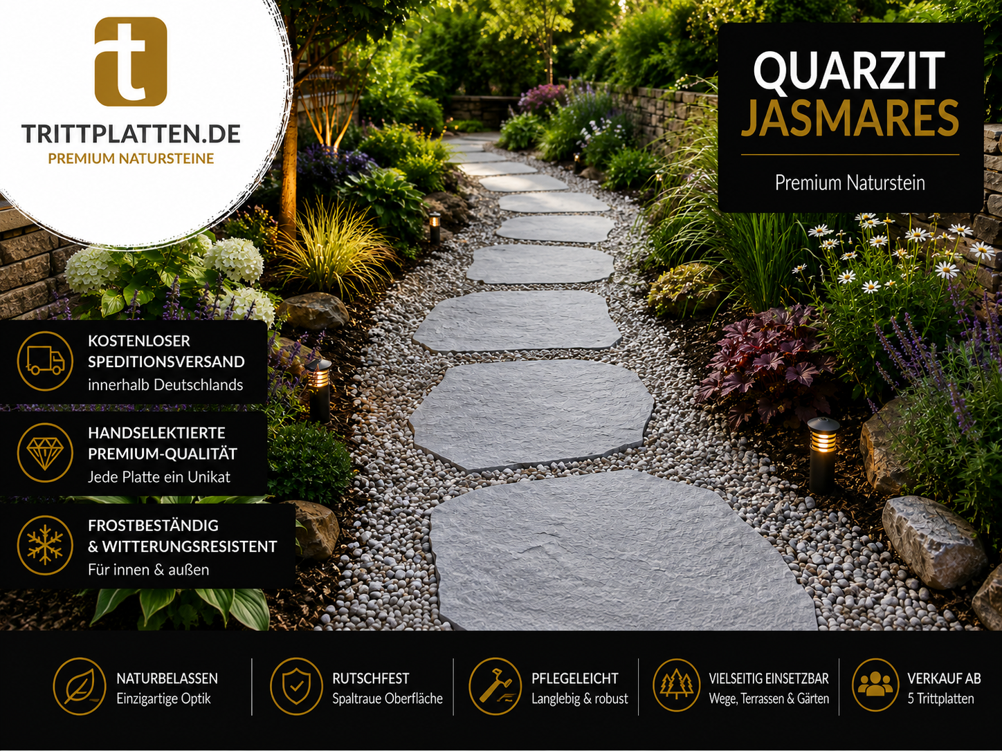 Quarzit Jasmares Trittplatten 5er Set | Polygonale Naturstein-Trittsteine Weg