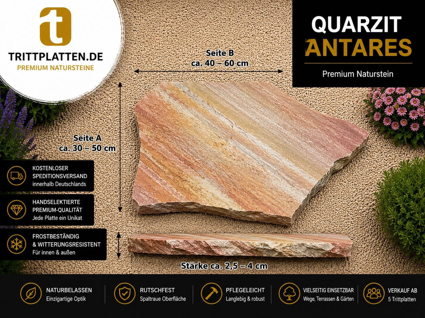 Quarzit Antares Trittplatten 5er Set | Polygonale Naturstein-Trittsteine