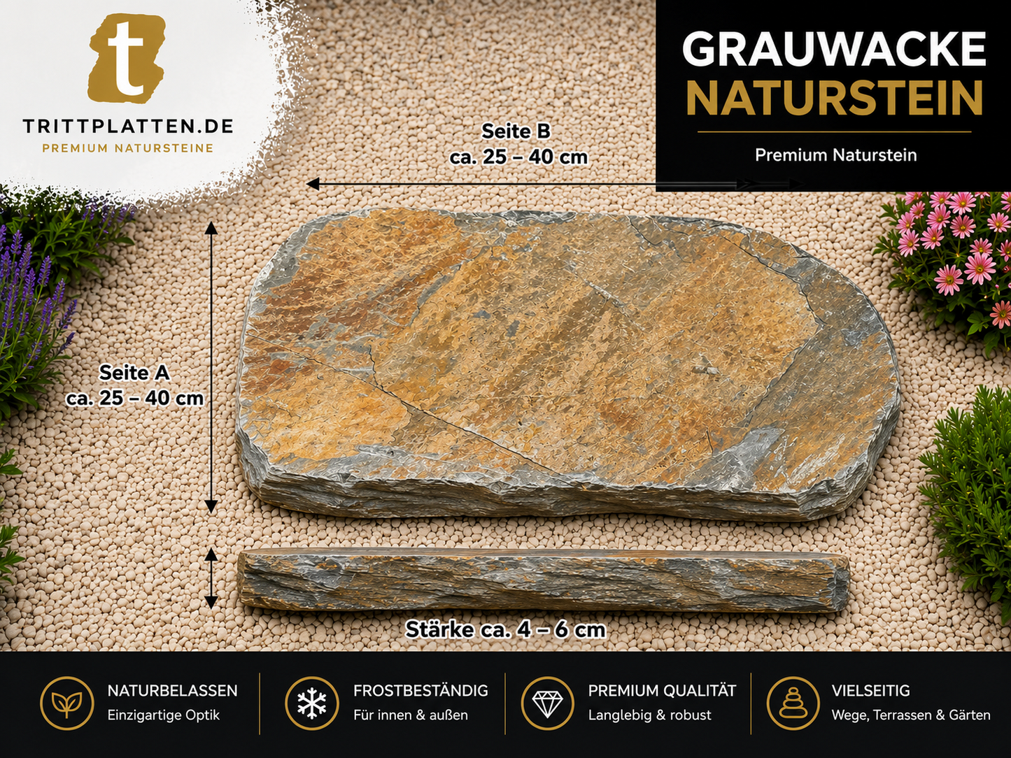 Grauwacke Trittplatten 5er Set | Polygonale Naturstein-Trittsteine