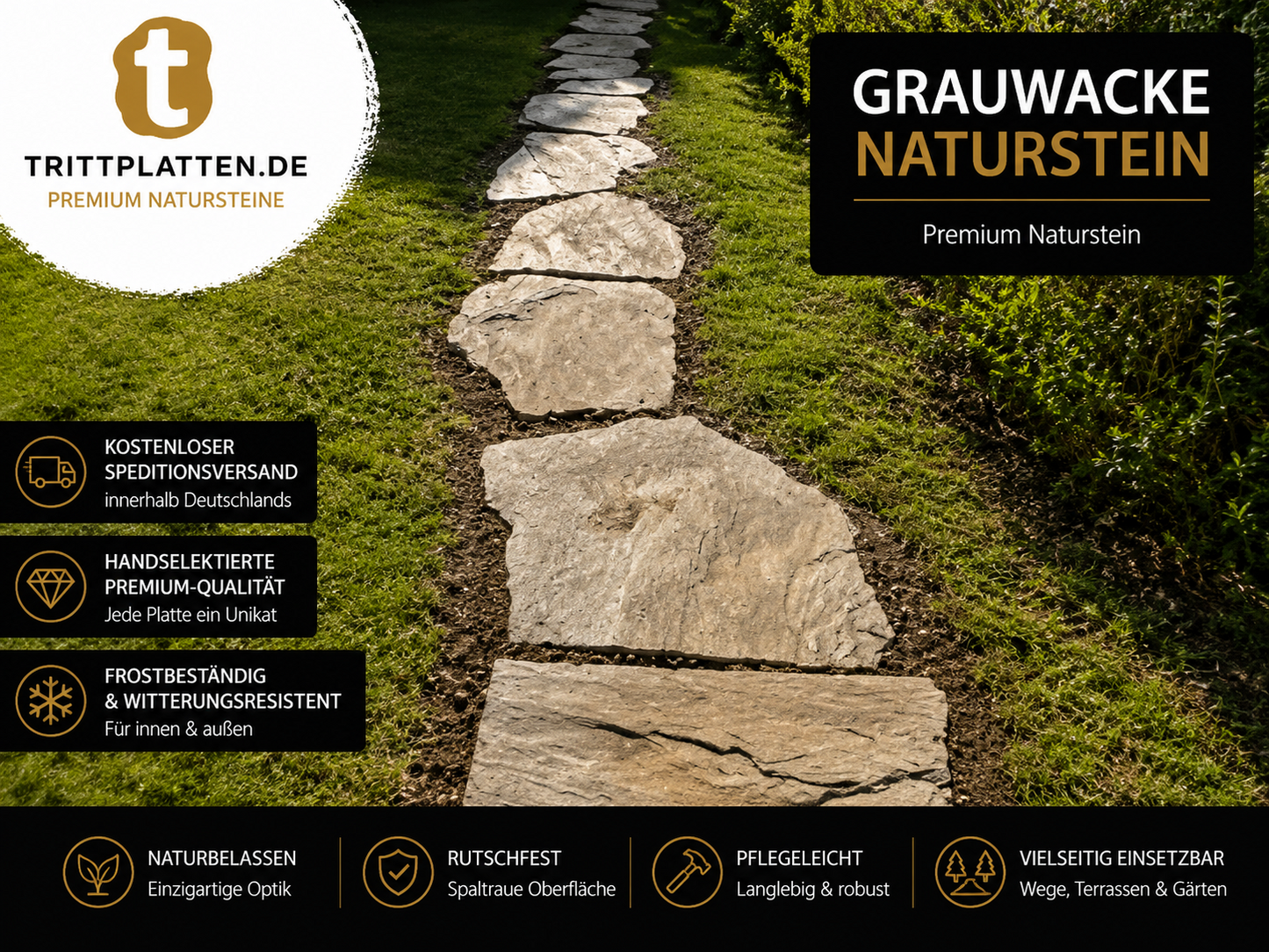 Grauwacke Trittplatten 5er Set | Polygonale Naturstein-Trittsteine