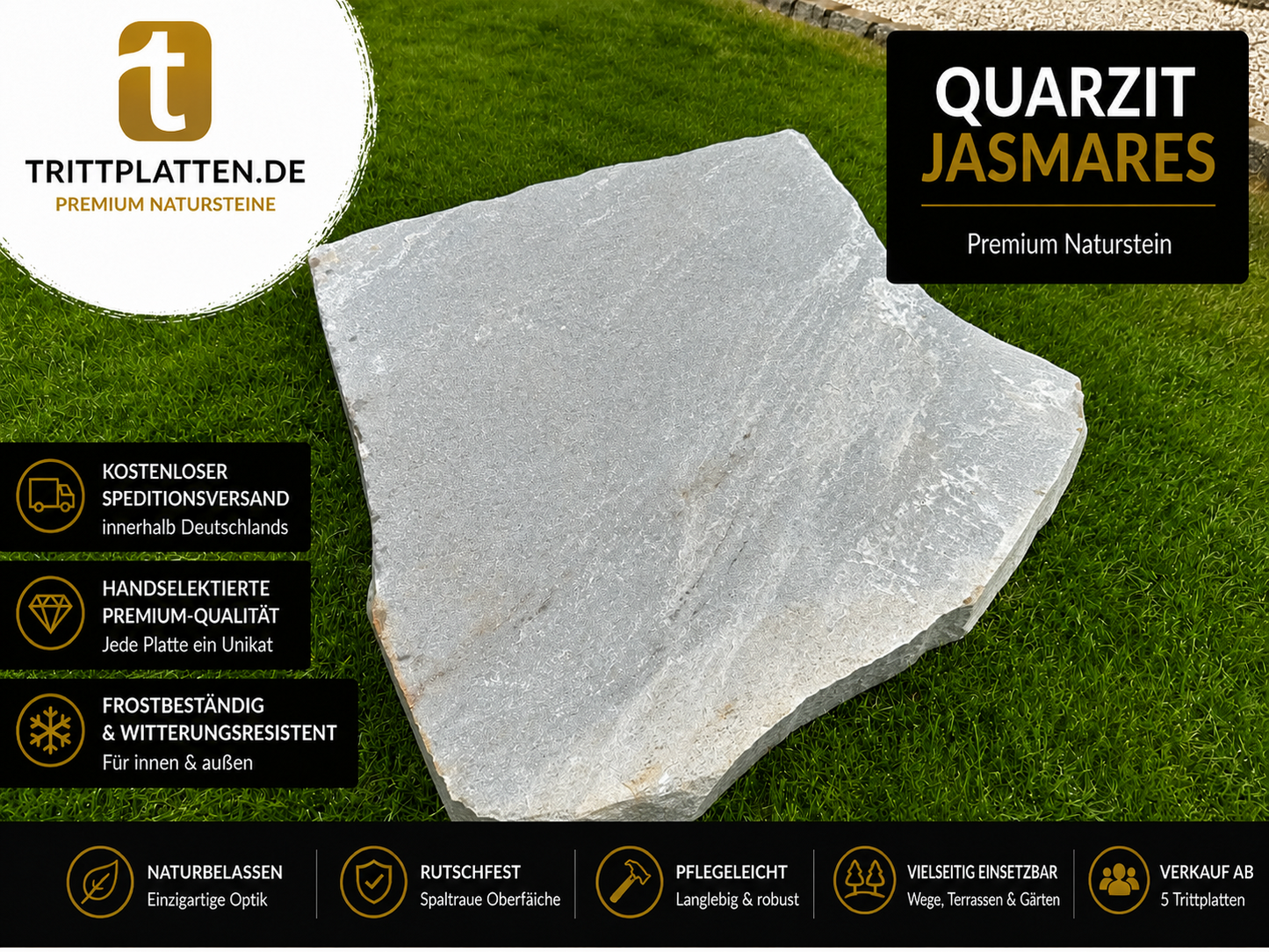 Quarzit Jasmares Trittplatten 5er Set | Polygonale Naturstein-Trittsteine Weg