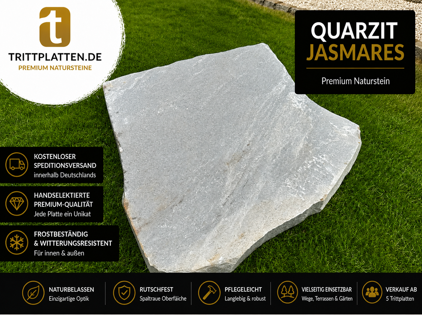 Quarzit Jasmares Trittplatten 5er Set | Polygonale Naturstein-Trittsteine Weg