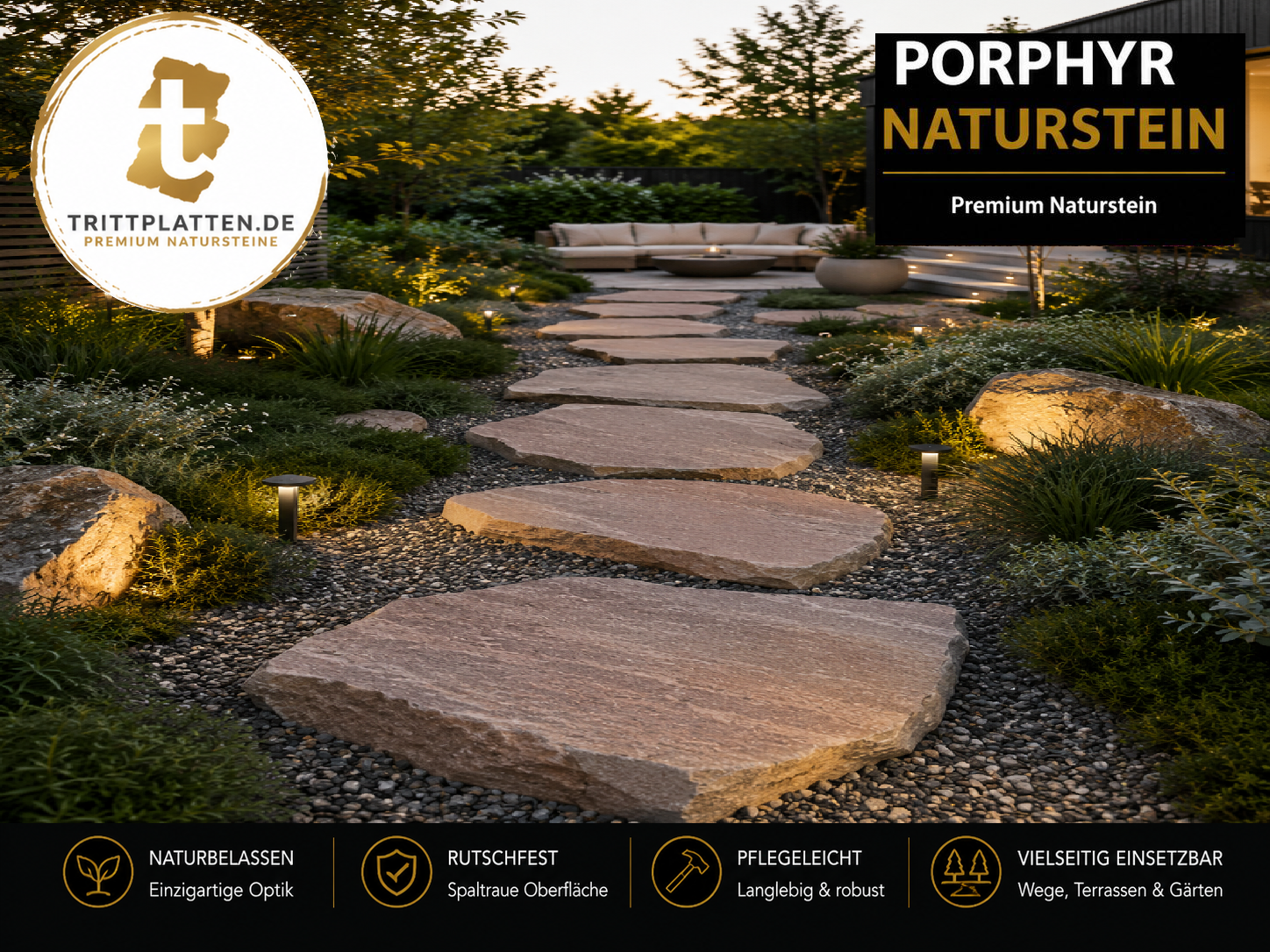 Porphyr Trittplatten 5er Set | Polygonale Naturstein-Trittsteine Garten Weg
