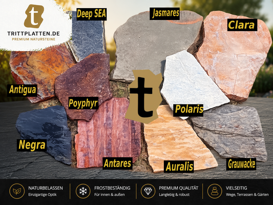 Premium Naturstein Musterpaket | 10 Trittplatten Muster | 10€ Gutschein | Garten