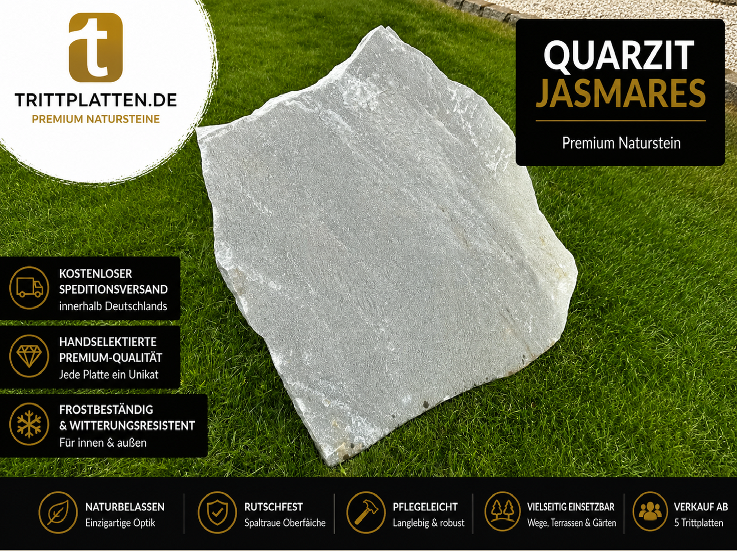 Quarzit Jasmares Trittplatten 5er Set | Polygonale Naturstein-Trittsteine Weg