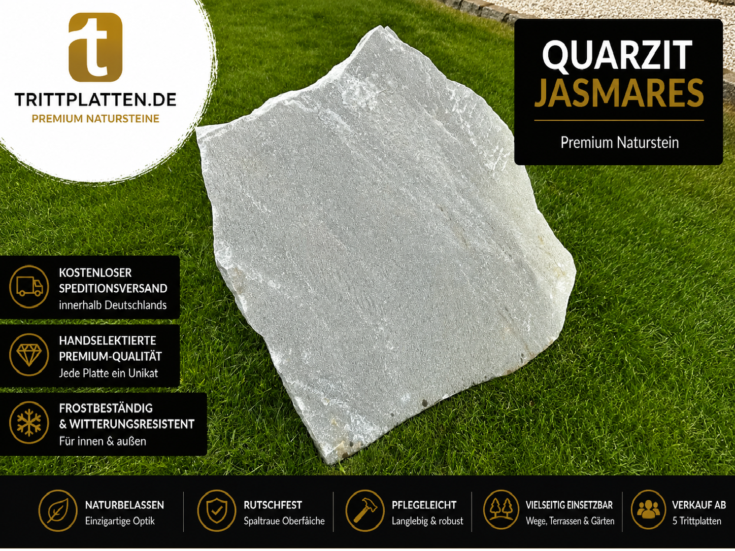 Quarzit Jasmares Trittplatten 5er Set | Polygonale Naturstein-Trittsteine Weg