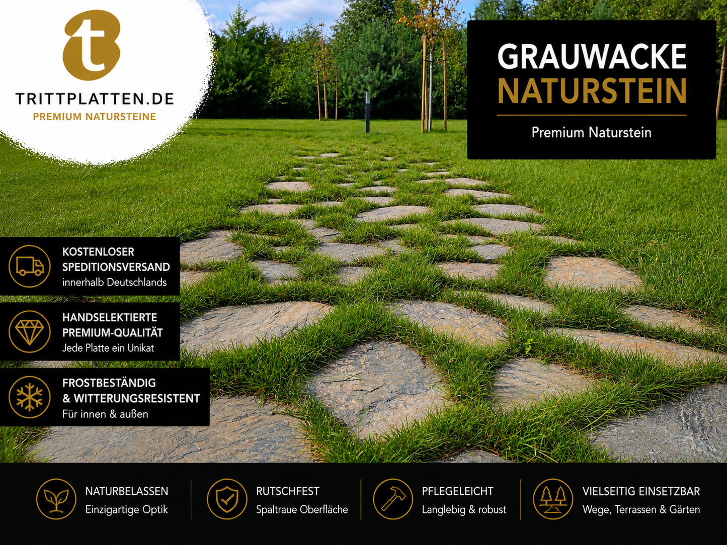 Grauwacke Trittplatten 5er Set | Polygonale Naturstein-Trittsteine