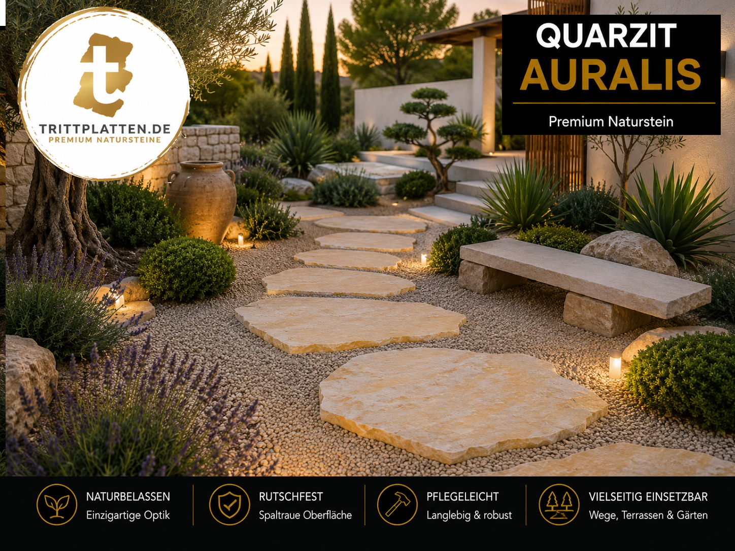 Quarzit Auralis Trittplatten 5er Set | Polygonale Naturstein-Trittsteine