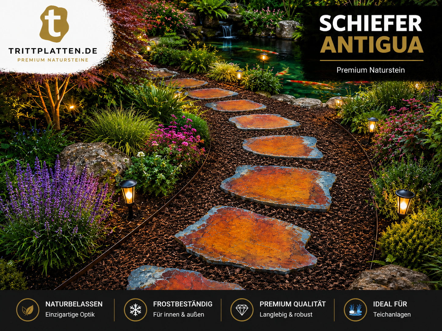 Antigua Schiefer Trittplatten 5er Set | Polygonale Naturstein-Trittsteine Weg