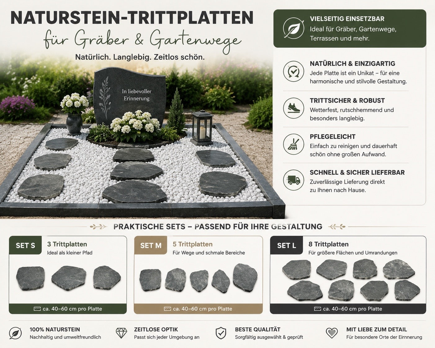 Grabgestaltung 7er-Set aus Naturstein-Trittplatten – für stilvolle und pflegeleichte Grabstätten