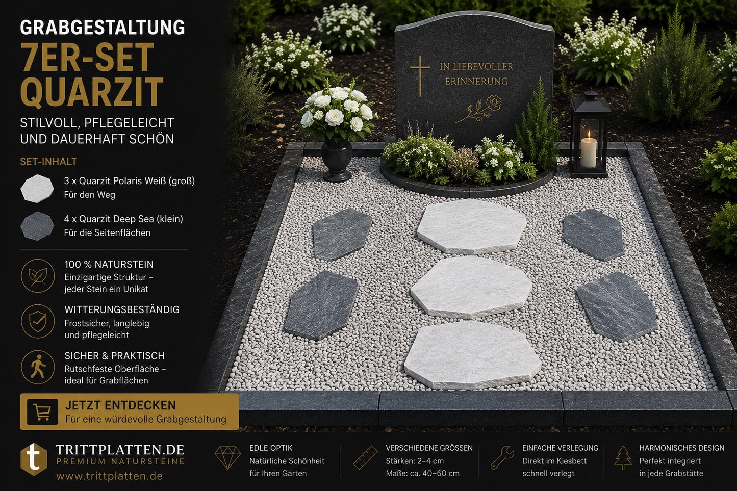 Grabgestaltung 7er-Set aus Naturstein-Trittplatten – für stilvolle und pflegeleichte Grabstätten