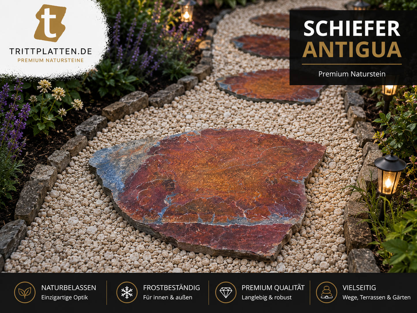 Antigua Schiefer Trittplatten – Polygonale Naturstein-Trittsteine für Gartenwege