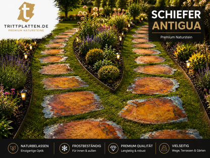 Antigua Schiefer Trittplatten – Polygonale Naturstein-Trittsteine für Gartenwege