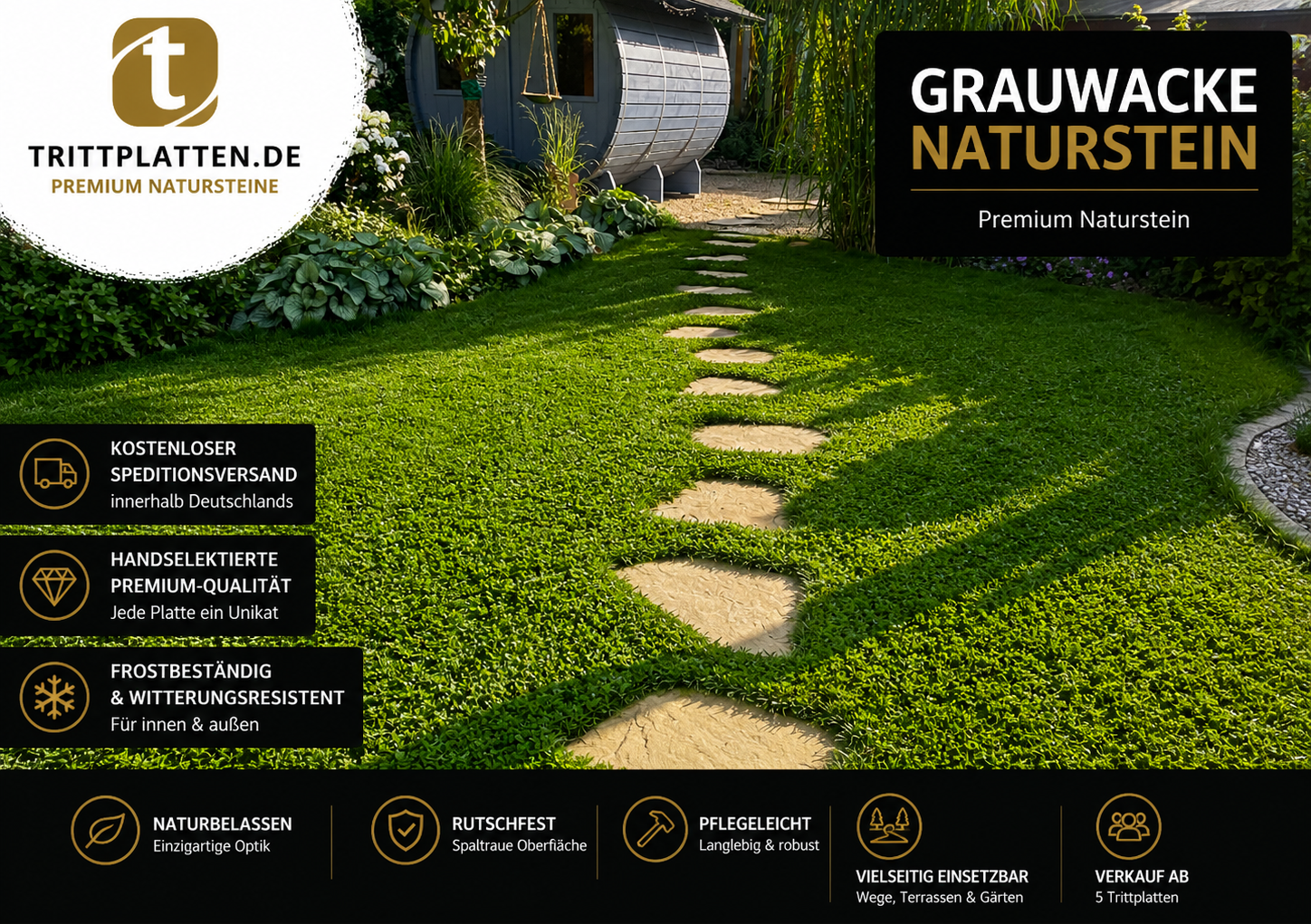 Grauwacke Naturstein Trittplatten als Gartenweg im Rasen – hochwertige, frostbeständige Premium-Trittplatten für moderne Gärten von trittplatten.de