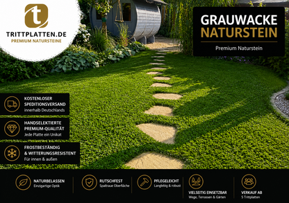 Grauwacke Naturstein Trittplatten als Gartenweg im Rasen – hochwertige, frostbeständige Premium-Trittplatten für moderne Gärten von trittplatten.de
