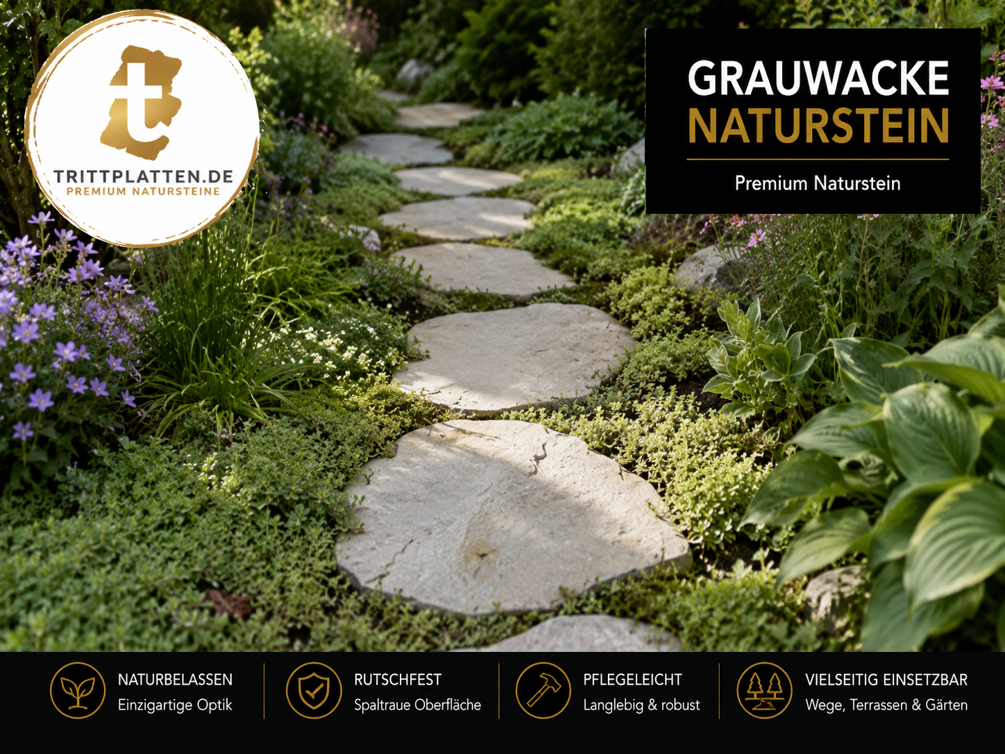 Grauwacke Naturstein-Trittplatten als geschwungener Gartenweg zwischen Bodendeckern, Stauden und blühenden Pflanzen im Naturgarten