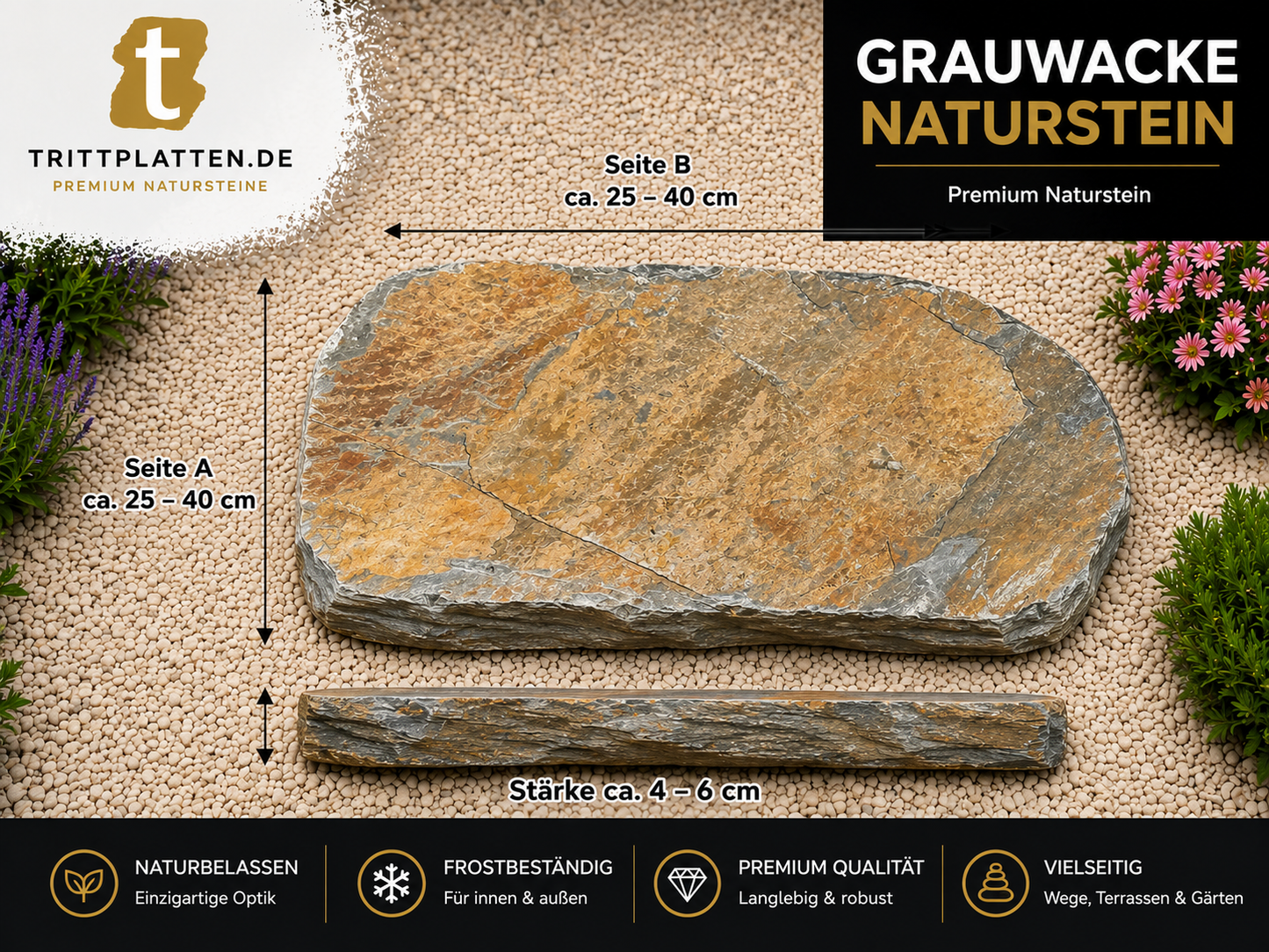 Maßübersicht der polygonalen Grauwacke Naturstein-Trittplatten mit den Abmessungen von ca. 25–40 cm (Seite A und B) sowie einer Stärke von ca. 4–6 cm. Ideal für Gartenwege, Terrassen, Beete und Außenanlagen.