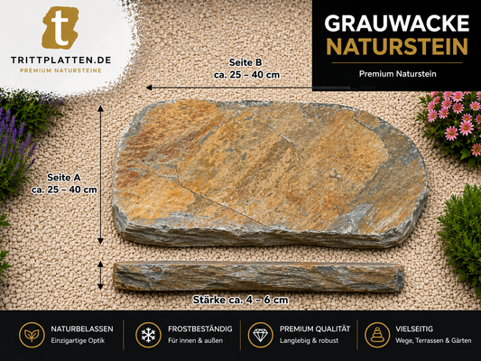 Maßübersicht der polygonalen Grauwacke Naturstein-Trittplatten mit den Abmessungen von ca. 25–40 cm (Seite A und B) sowie einer Stärke von ca. 4–6 cm. Ideal für Gartenwege, Terrassen, Beete und Außenanlagen.
