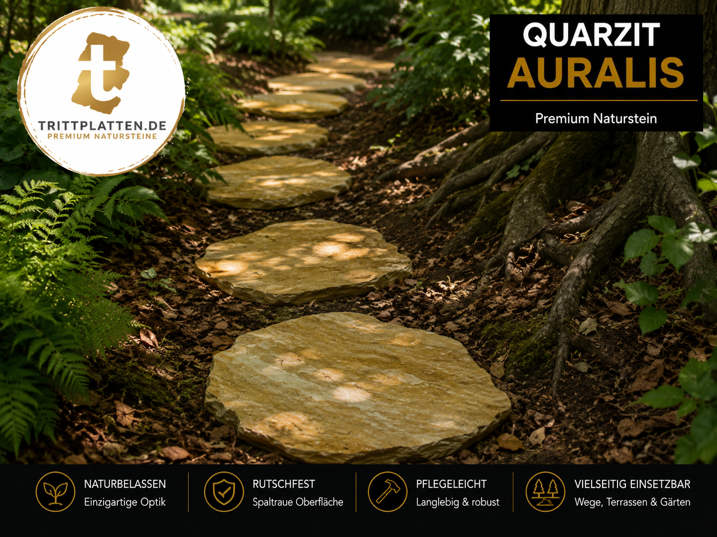 Quarzit Auralis Naturstein-Trittplatten als schattiger Waldgartenweg unter alten Bäumen mit Farnen und natürlichen Baumwurzeln