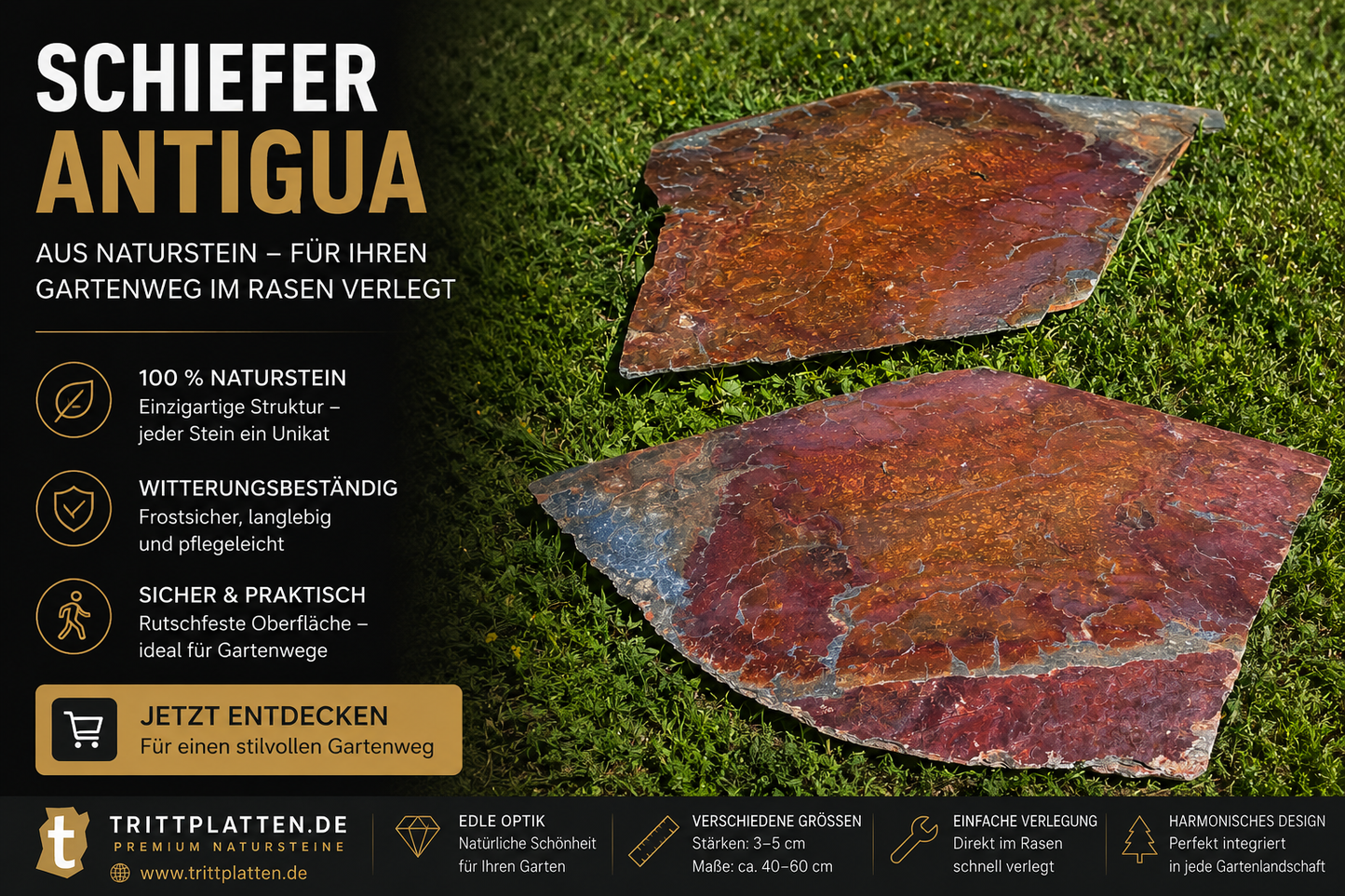 Schiefer Antigua Trittplatten aus Naturstein für einen stilvollen Gartenweg im Rasen mit rostroter und brauner Farbstruktur.