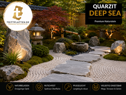 Quarzit Deep Sea Naturstein-Trittplatten im japanischen Zen-Garten mit Kiesbeet und Gartenweg