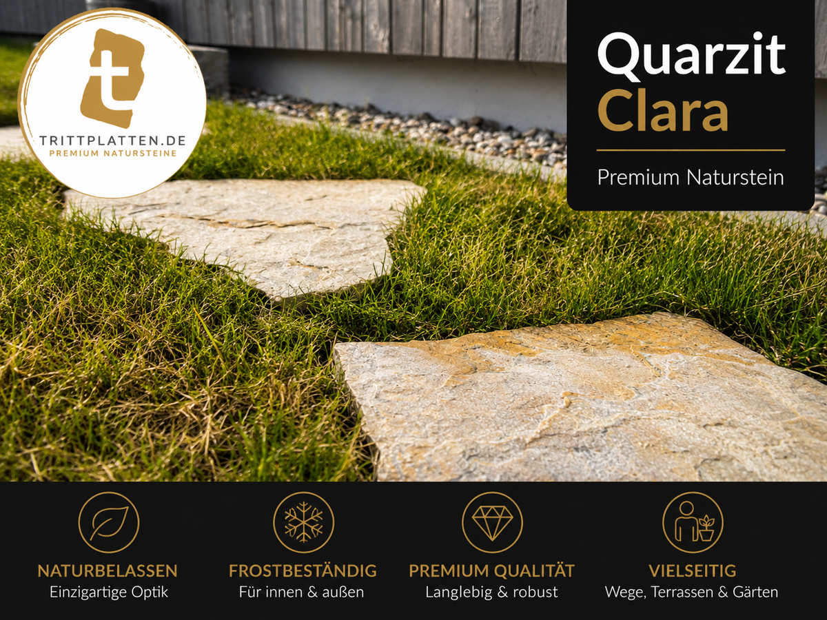Quarzit Clara Trittplatten auf Rasen im Garten