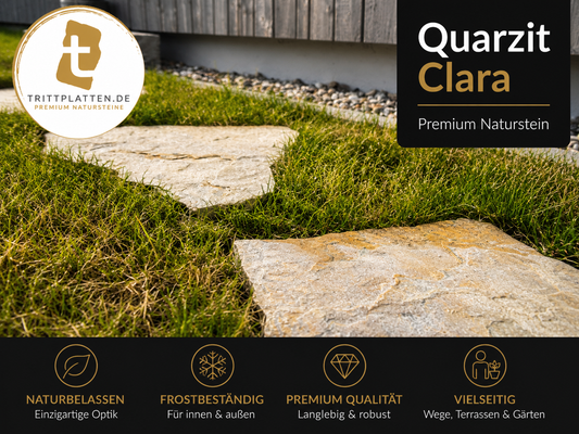 Quarzit Clara Trittplatten auf Rasen im Garten